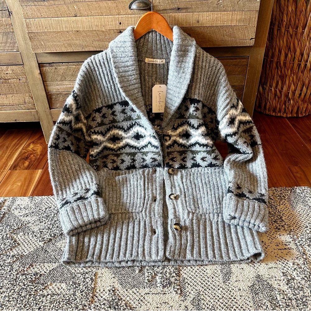 New Western Cowichan Print Long Grey Cardigan Sweater Thick Chunky Knit